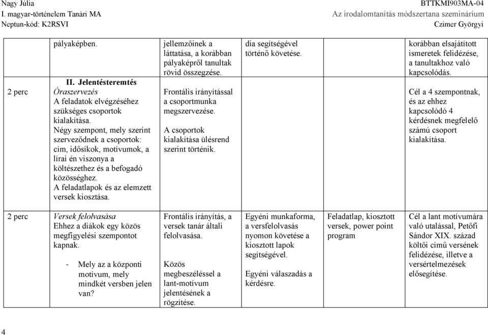 jellemzőinek a láttatása, a korábban pályaképről tanultak rövid összegzése. Frontális irányítással a csoportmunka megszervezése. A csoportok kialakítása ülésrend szerint történik.