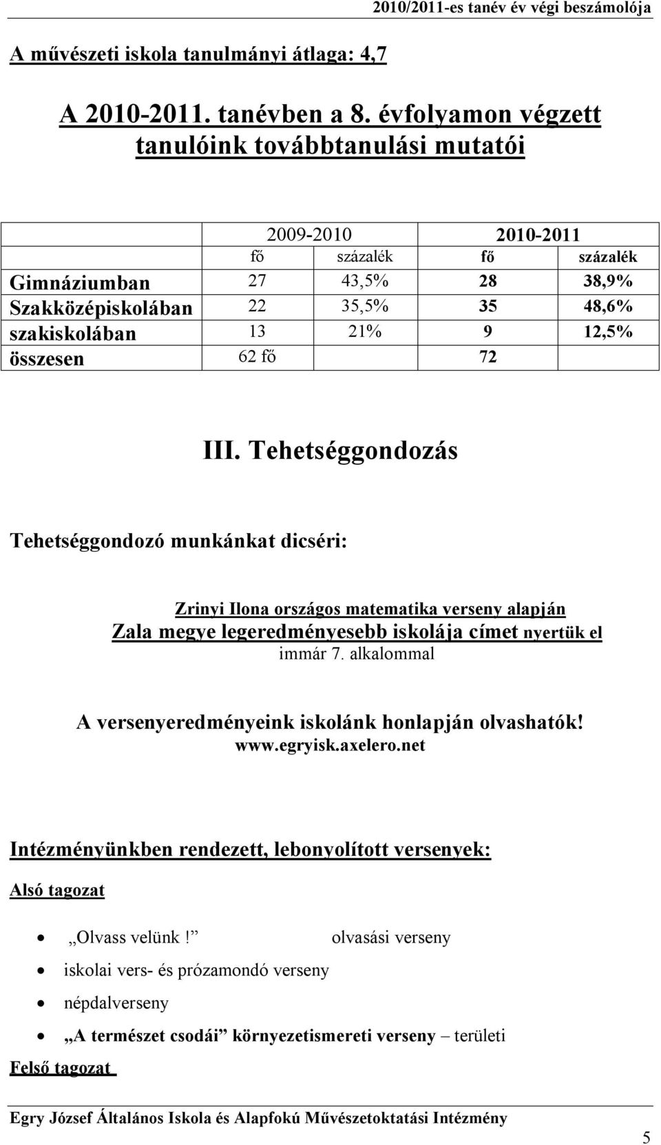 összesen 62 fő 72 III. Tehetséggondozás Tehetséggondozó munkánkat dicséri: Zrinyi Ilona országos matematika verseny alapján Zala megye legeredményesebb iskolája címet nyertük el immár 7.