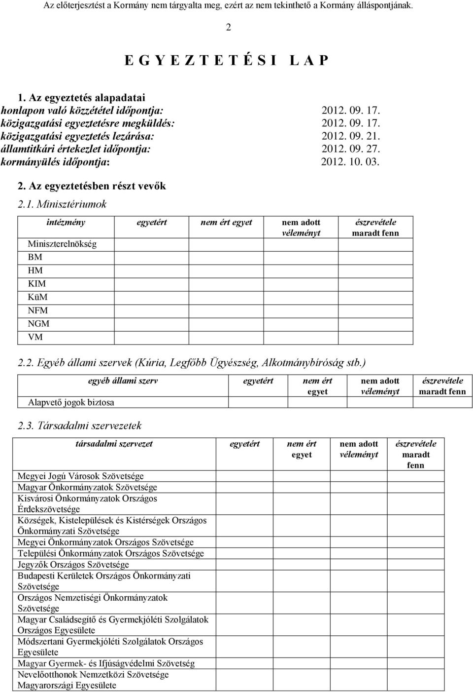 2. Egyéb állami szervek (Kúria, Legfőbb Ügyészség, Alkotmánybíróság stb.) egyéb állami szerv egyetért nem ért egyet Alapvető jogok biztosa nem adott véleményt észrevétele maradt fenn 2.3.