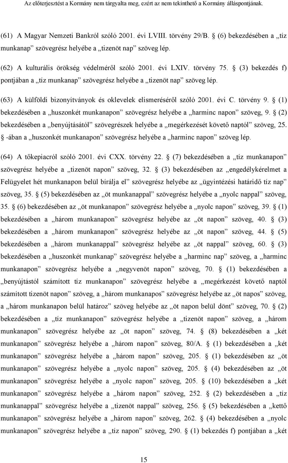 (1) bekezdésében a huszonkét munkanapon szövegrész helyébe a harminc napon szöveg, 9. (2) bekezdésében a benyújtásától szövegrészek helyébe a megérkezését követő naptól szöveg, 25.