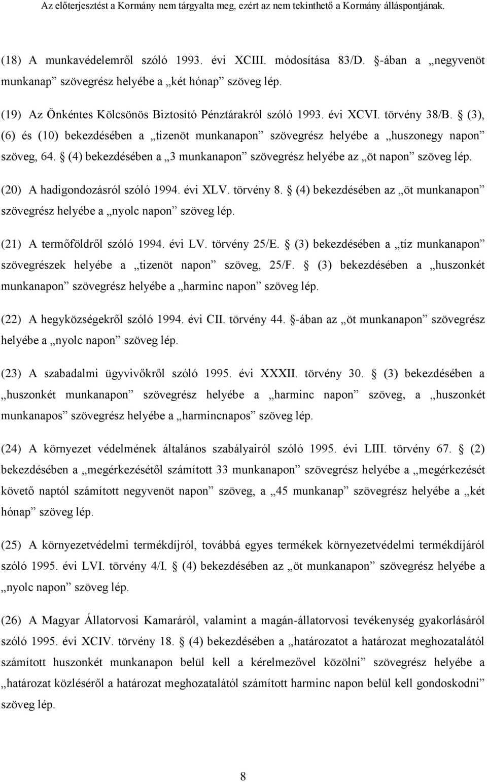 (20) A hadigondozásról szóló 1994. évi XLV. törvény 8. (4) bekezdésében az öt munkanapon szövegrész helyébe a nyolc napon szöveg lép. (21) A termőföldről szóló 1994. évi LV. törvény 25/E.