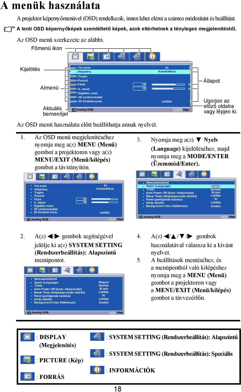 Főmenü ikon Kijelölés Almenü Aktuális bemenőjel Fal színe Képarány Trapéz Pozíció Fázis V. méret Digitális zoom 3D szinkronizálás 3D fordított szink.