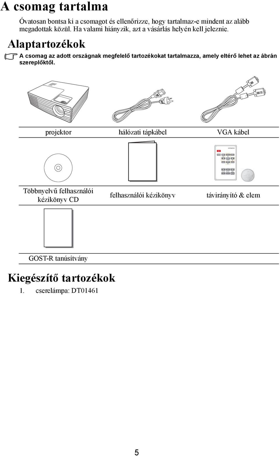 Alaptartozékok A csomag az adott országnak megfelelő tartozékokat tartalmazza, amely eltérő lehet az ábrán