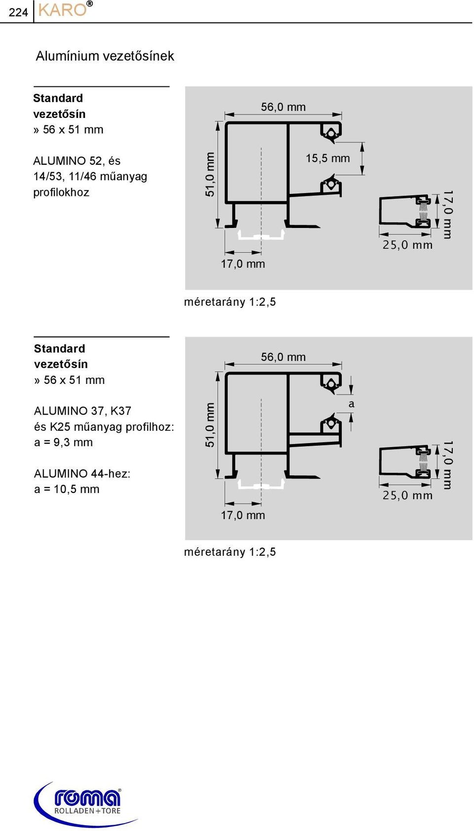Standard vezetősín» 56 x 51 mm 56,0 mm a ALUMINO 37, K37 és K25 műanyag