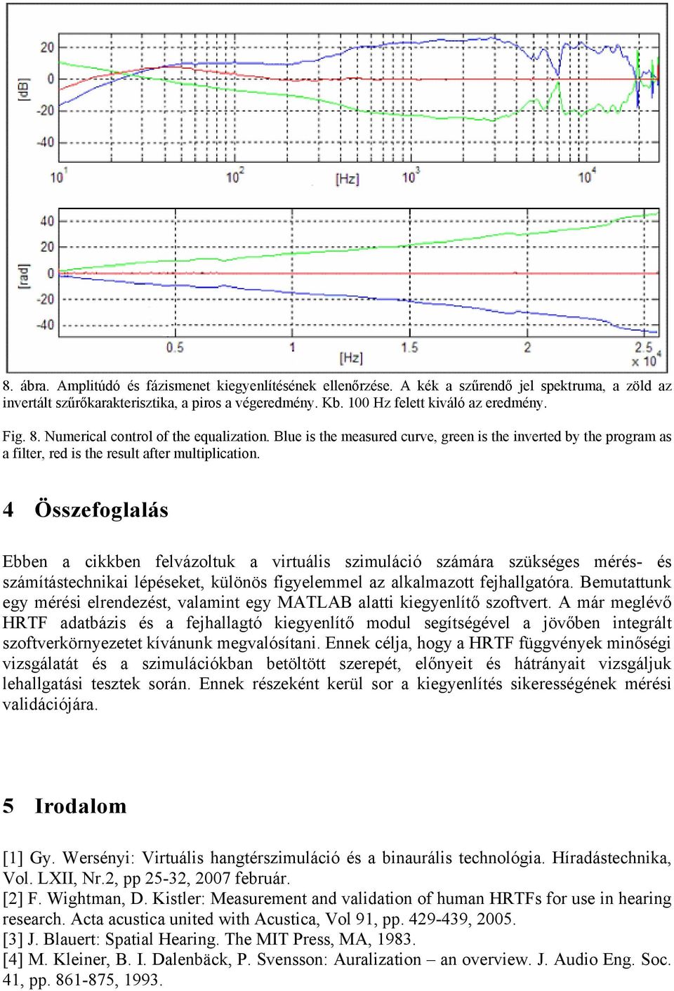 4 Összefoglalás Ebben a cikkben felvázoltuk a virtuális szimuláció számára szükséges mérés- és számítástechnikai lépéseket, különös figyelemmel az alkalmazott fejhallgatóra.