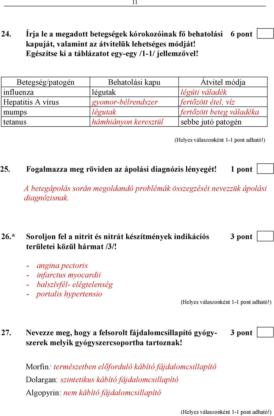 keresztül sebbe jutó patogén 25. Fogalmazza meg röviden az ápolási diagnózis lényegét! 1 pont A betegápolás során megoldandó problémák összegzését nevezzük ápolási diagnózisnak. 26.