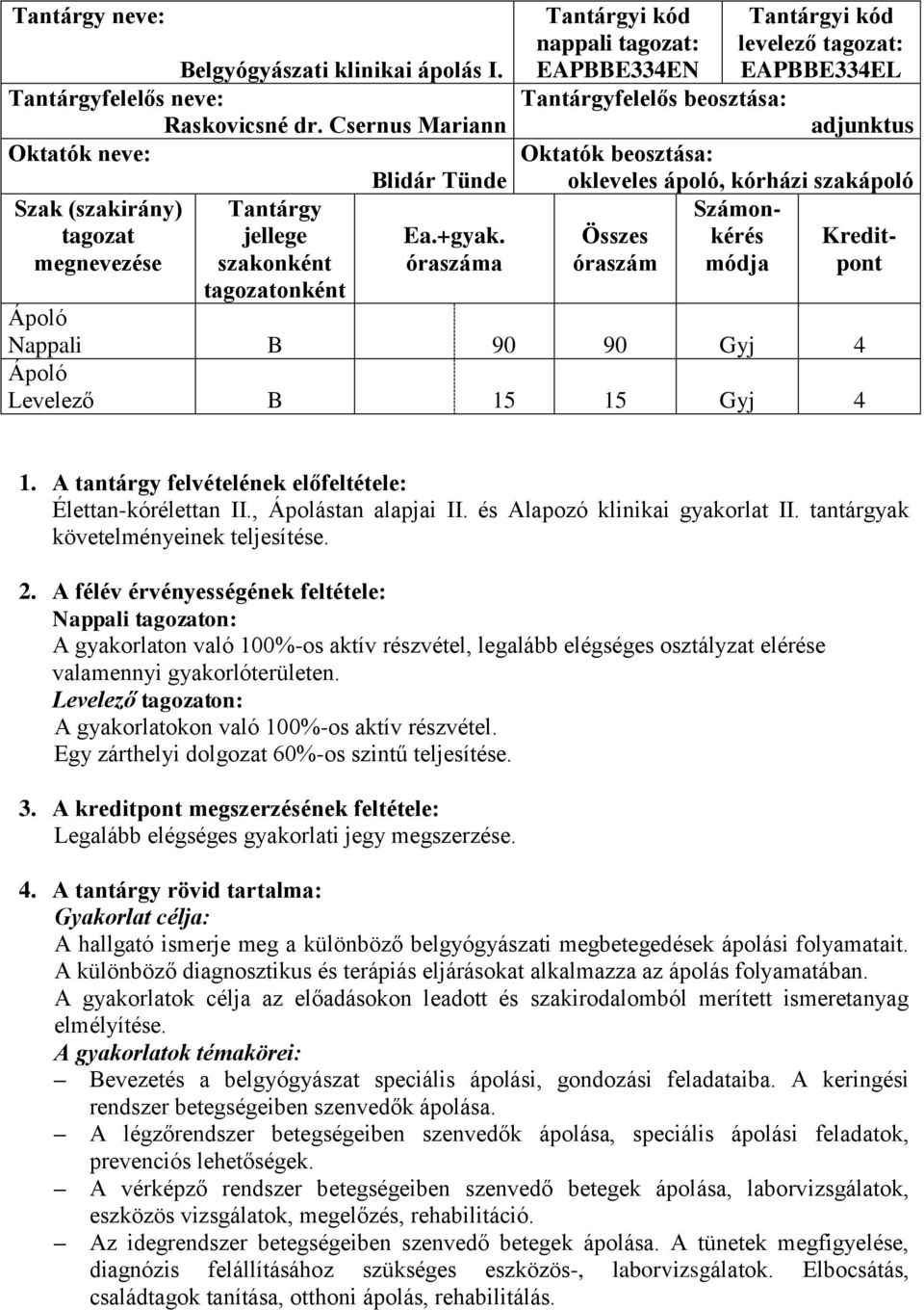 kórházi szakápoló Számon- Összes kérés Kreditóraszám módja pont Nappali B 90 90 Gyj 4 Levelező B 15 15 Gyj 4 1. A tantárgy felvételének előfeltétele: Élettan-kórélettan II., Ápolástan alapjai II.