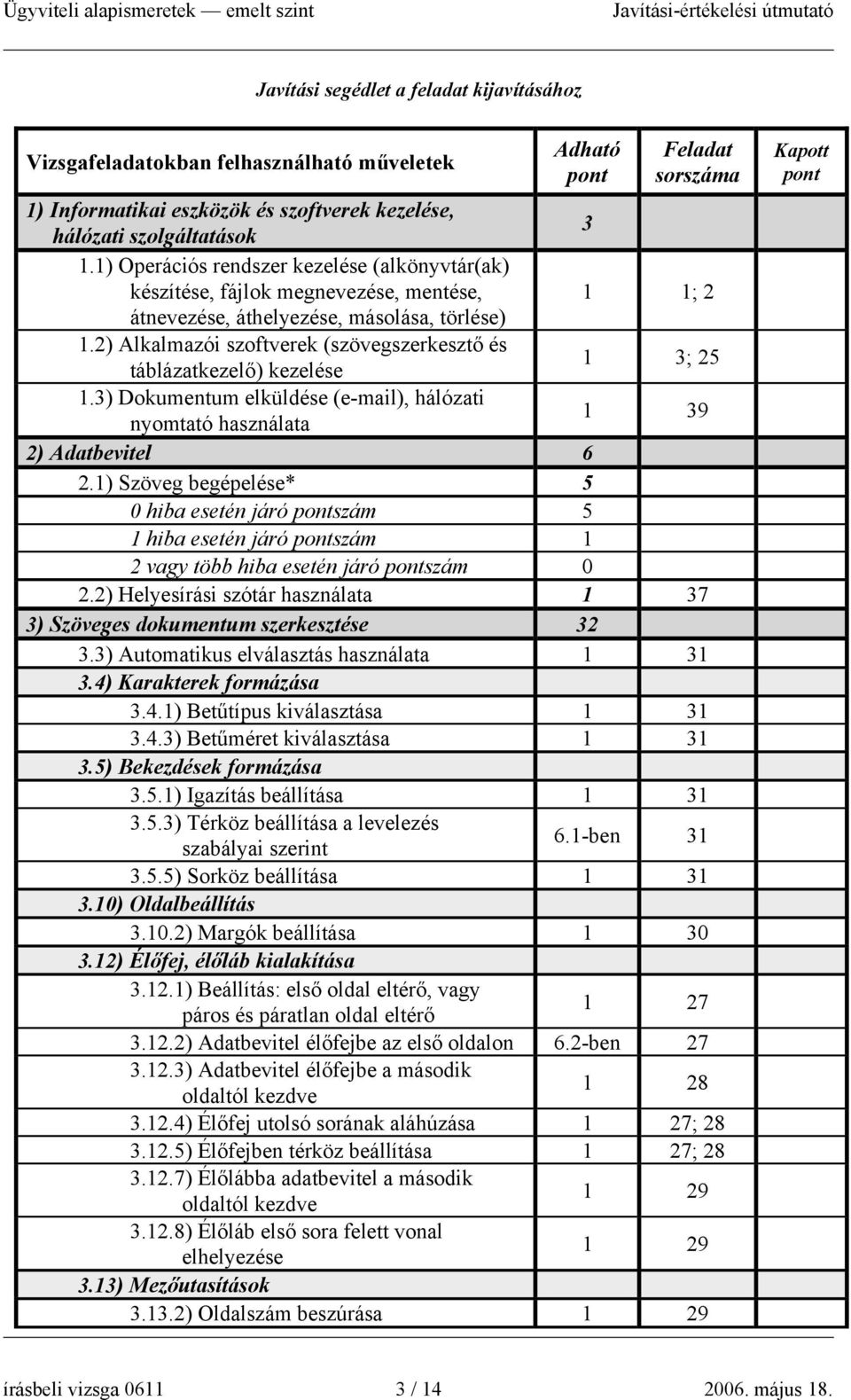 2) Alkalmazói szoftverek (szövegszerkesztő és táblázatkezelő) kezelése 1 3; 25 1.3) Dokumentum elküldése (e-mail), hálózati nyomtató használata 1 39 2) Adatbevitel 6 2.