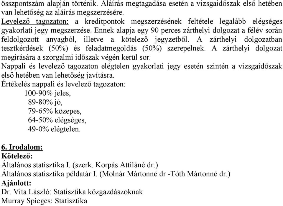 Ennek alapja egy 90 perces zárthelyi dolgozat a félév során feldolgozott anyagból, illetve a kötelező jegyzetből. A zárthelyi dolgozatban tesztkérdések (50%) és feladatmegoldás (50%) szerepelnek.