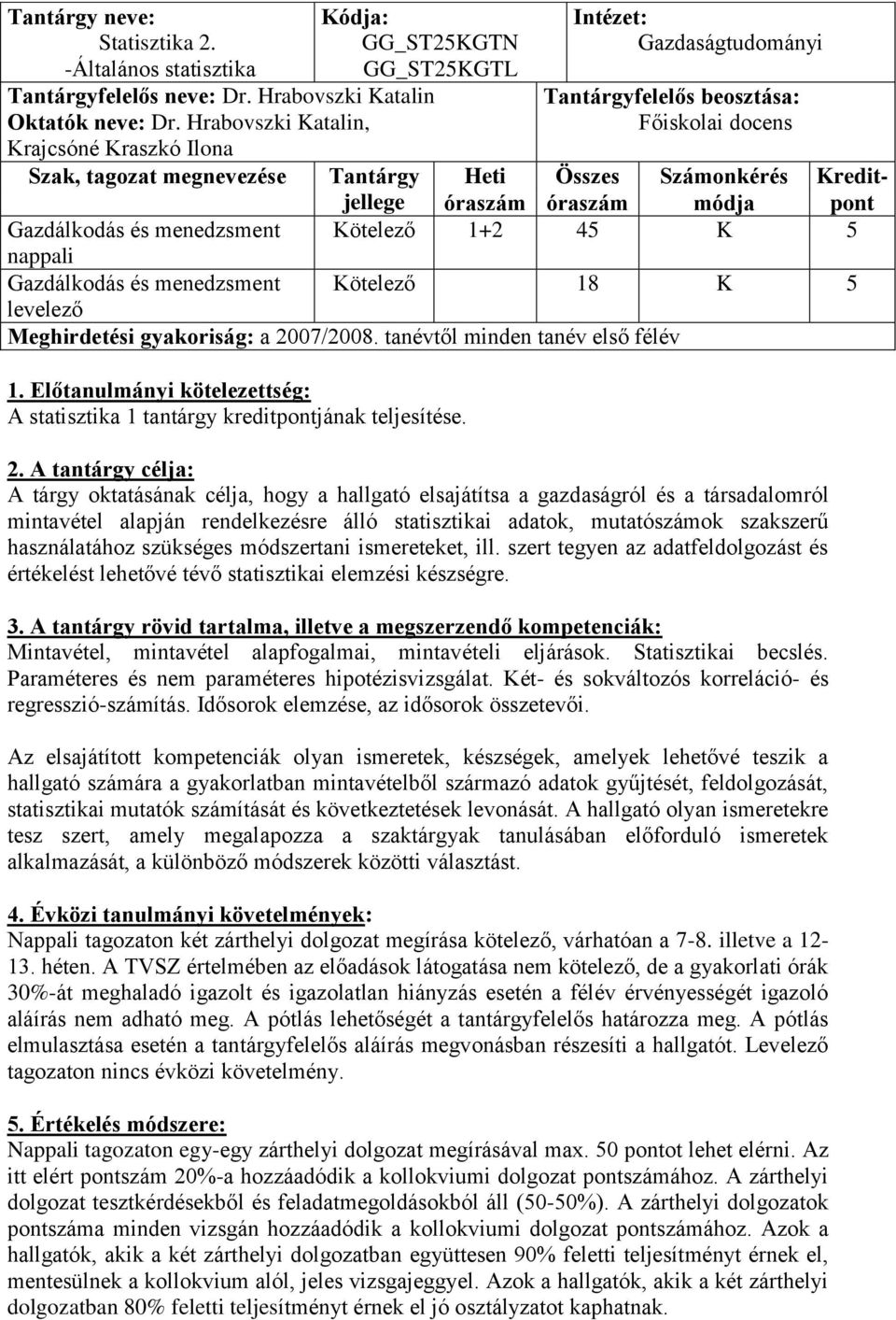 módja pont Gazdálkodás és menedzsment Kötelező 1+2 45 K 5 nappali Gazdálkodás és menedzsment Kötelező 18 K 5 levelező Meghirdetési gyakoriság: a 2007/2008. tanévtől minden tanév első félév 1.