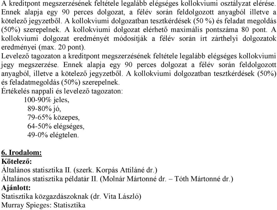 A kollokviumi dolgozat eredményét módosítják a félév során írt zárthelyi dolgozatok eredményei (max. 20 pont).