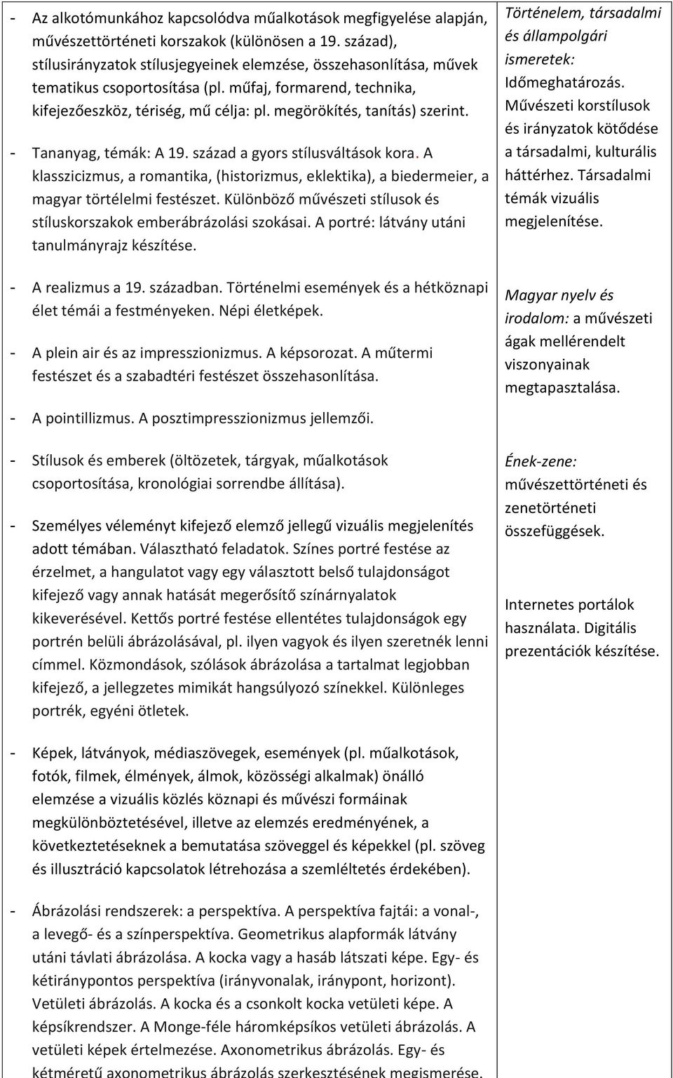 megörökítés, tanítás) szerint. - Tananyag, témák: A 19. század a gyors stílusváltások kora. A klasszicizmus, a romantika, (historizmus, eklektika), a biedermeier, a magyar törtélelmi festészet.