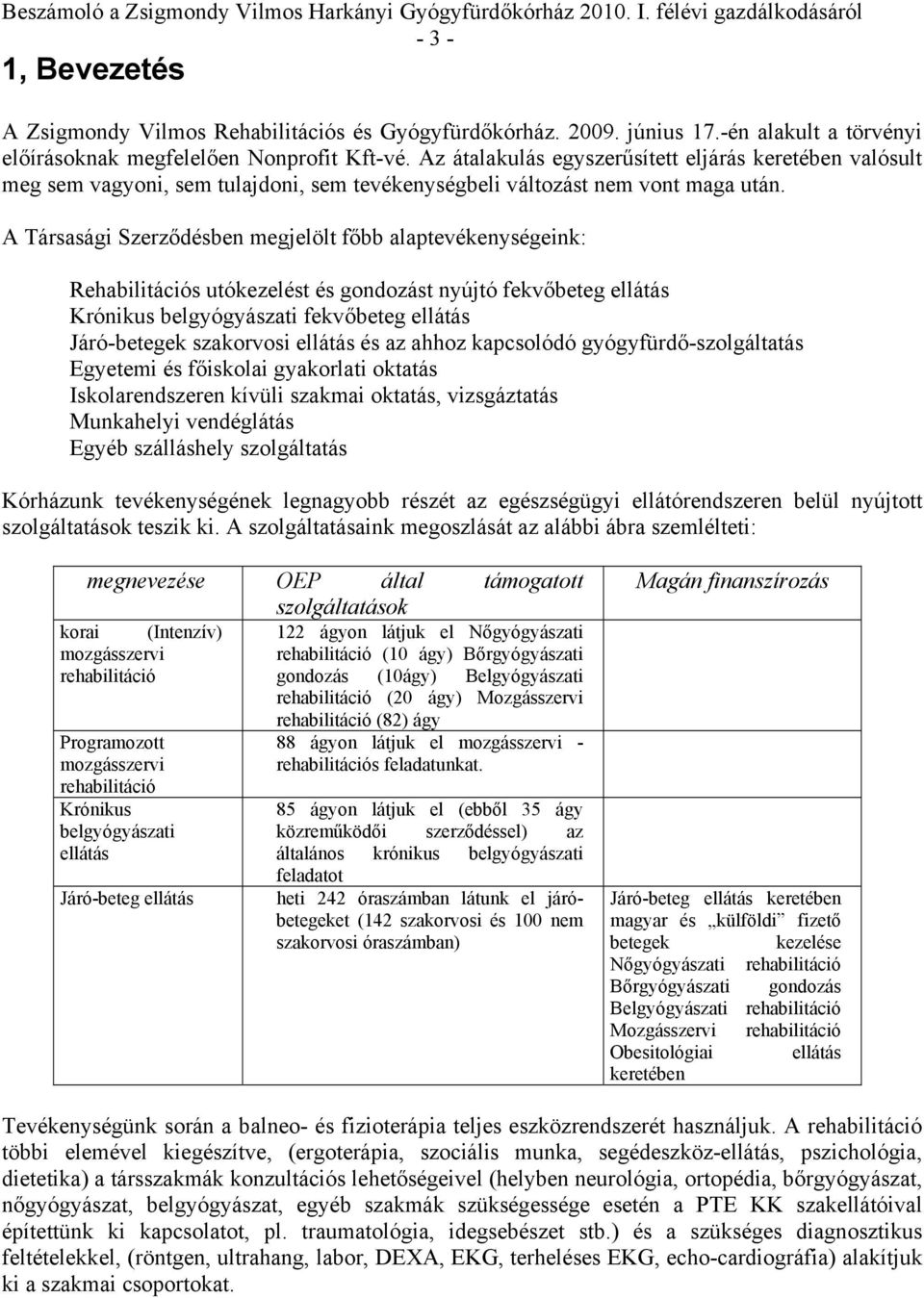 A Társasági Szerződésben megjelölt főbb alaptevékenységeink: Rehabilitációs utókezelést és gondozást nyújtó fekvőbeteg ellátás Krónikus belgyógyászati fekvőbeteg ellátás Járó-betegek szakorvosi