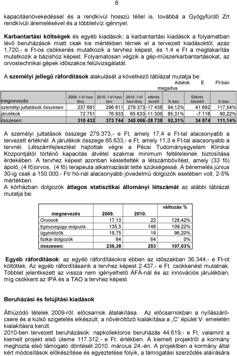 mutatkozik a tervhez képest, és 1,4 e Ft a megtakarítás mutatkozik a bázishoz képest. Folyamatosan végzik a gép-műszerkarbantartásokat, az orvostechnikai gépek időszakos felülvizsgálatát.