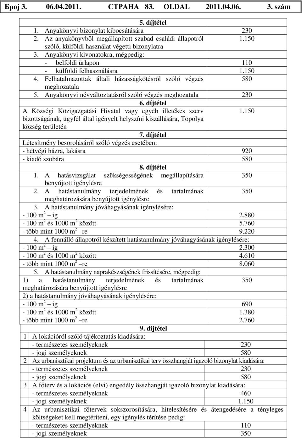 Felhatalmazottak általi házasságkötésről szóló végzés meghozatala 5. Anyakönyvi névváltoztatásról szóló végzés meghozatala 230 6. díjtétel A Községi Közigazgatási Hivatal vagy egyéb illetékes szerv 1.