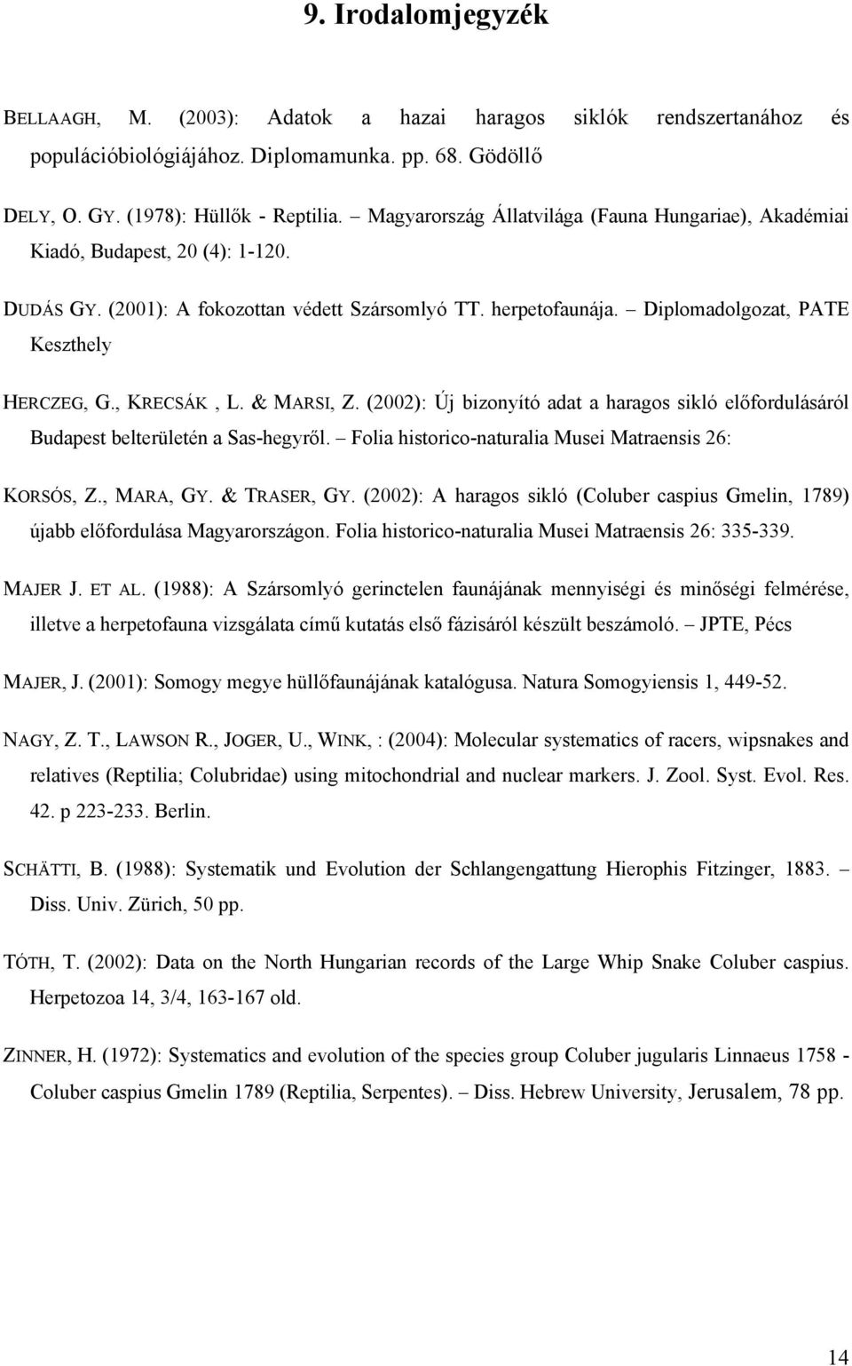 , KRECSÁK, L. & MARSI, Z. (2002): Új bizonyító adat a haragos sikló előfordulásáról Budapest belterületén a Sas-hegyről. Folia historico-naturalia Musei Matraensis 26: KORSÓS, Z., MARA, GY.