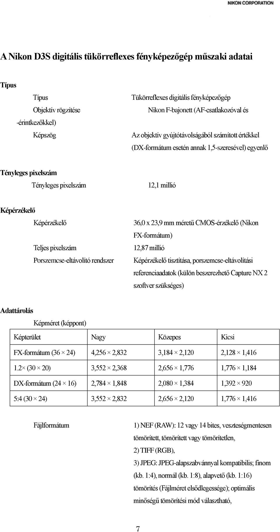 Porszemcse-eltávolító rendszer 36,0 x 23,9 mm méretű CMOS-érzékelő (Nikon FX-formátum) 12,87 millió Képérzékelő tisztítása, porszemcse-eltávolítási referenciaadatok (külön beszerezhető Capture NX 2