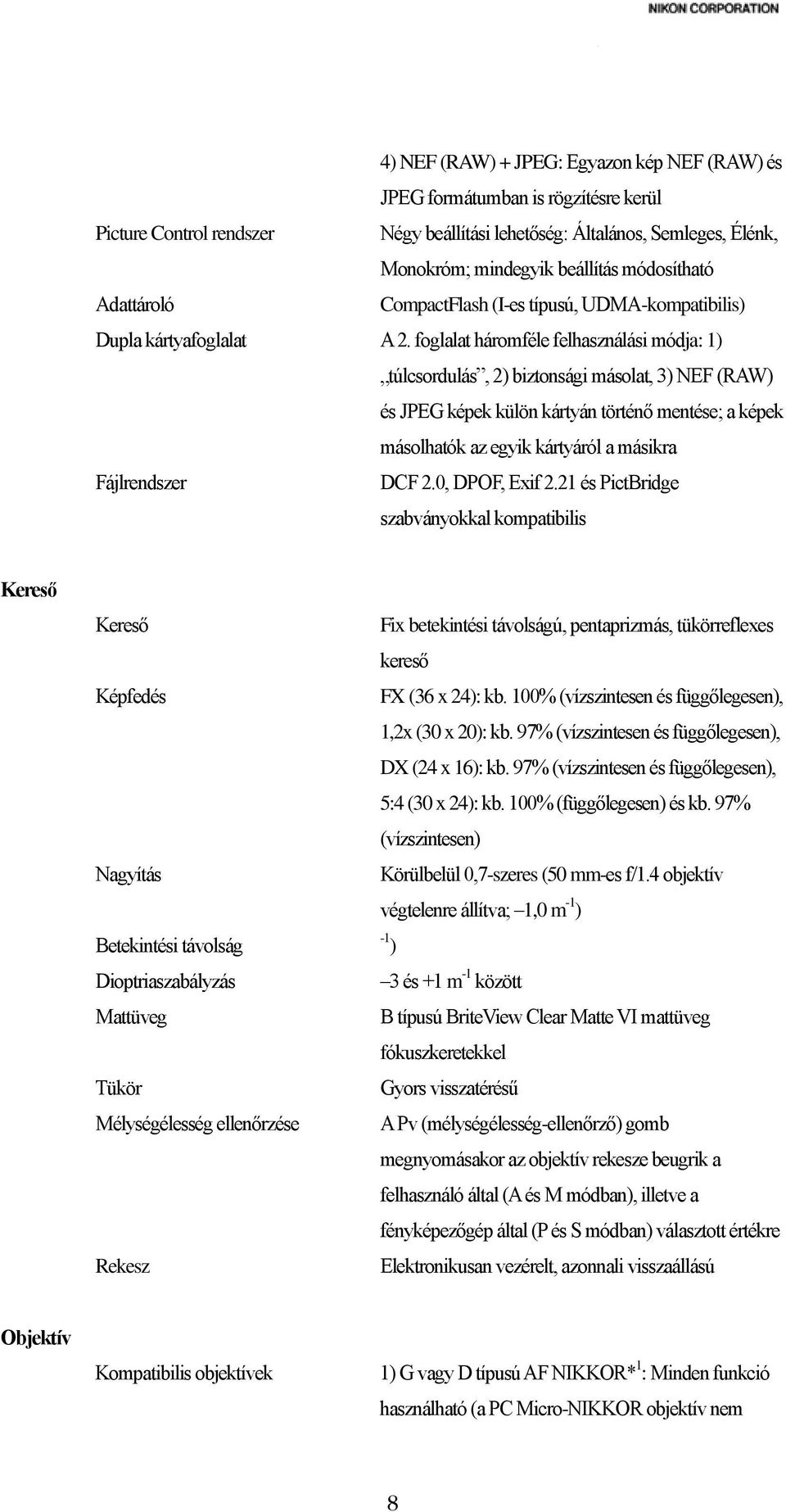 foglalat háromféle felhasználási módja: 1) túlcsordulás, 2) biztonsági másolat, 3) NEF (RAW) és JPEG képek külön kártyán történő mentése; a képek másolhatók az egyik kártyáról a másikra Fájlrendszer