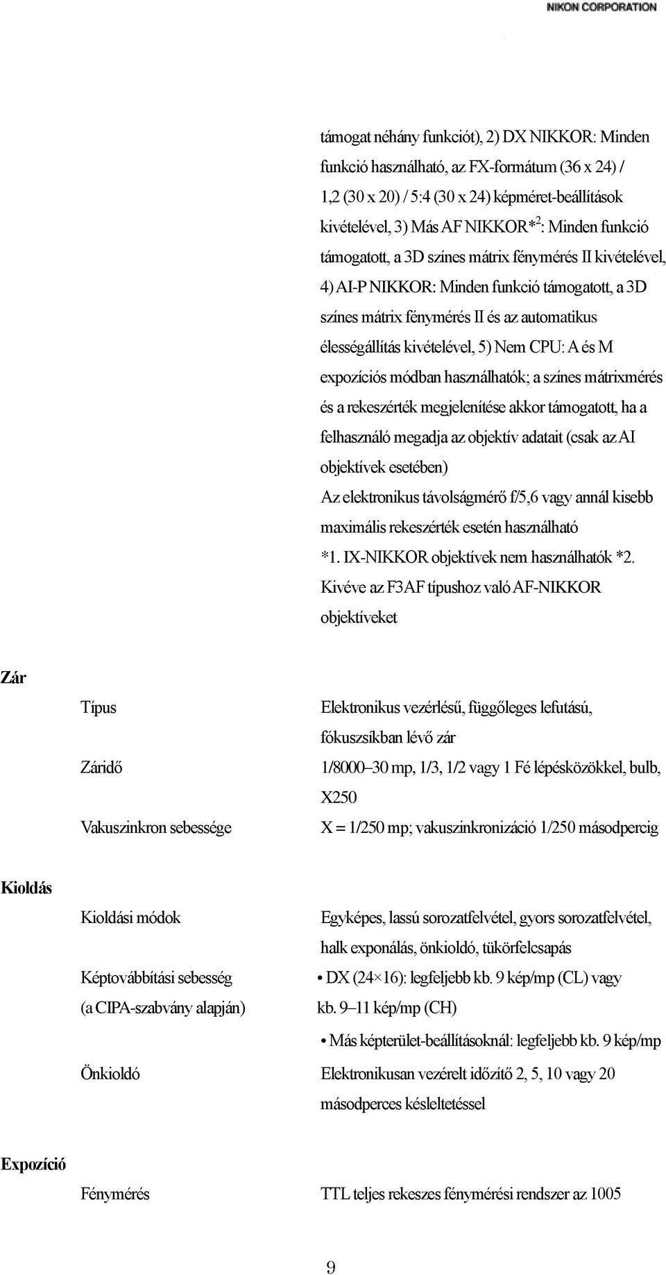 expozíciós módban használhatók; a színes mátrixmérés és a rekeszérték megjelenítése akkor támogatott, ha a felhasználó megadja az objektív adatait (csak az AI objektívek esetében) Az elektronikus