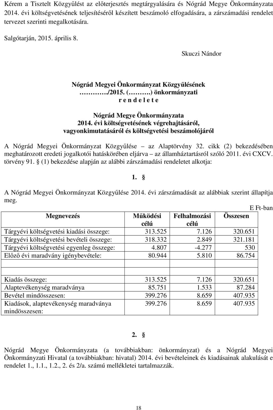 Skuczi Nándor Nógrád Megyei Önkormányzat Közgyűlésének./2015. (.) önkormányzati r e n d e l e t e Nógrád Megye Önkormányzata 2014.