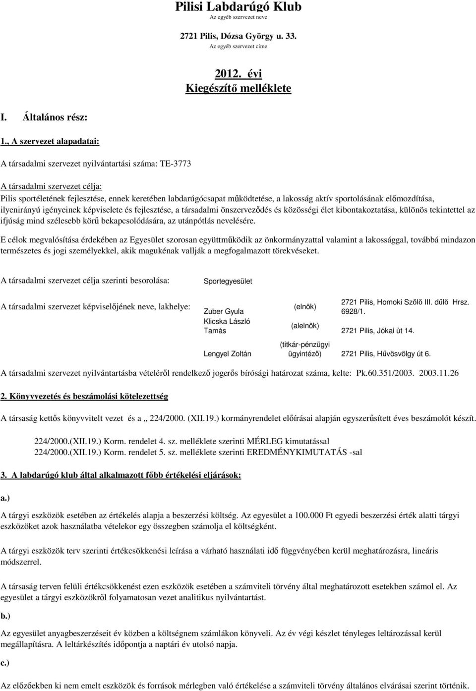 aktív sportolásának előmozdítása, ilyenirányú igényeinek képviselete és fejlesztése, a társadalmi önszerveződés és közösségi élet kibontakoztatása, különös tekintettel az ifjúság mind szélesebb körű