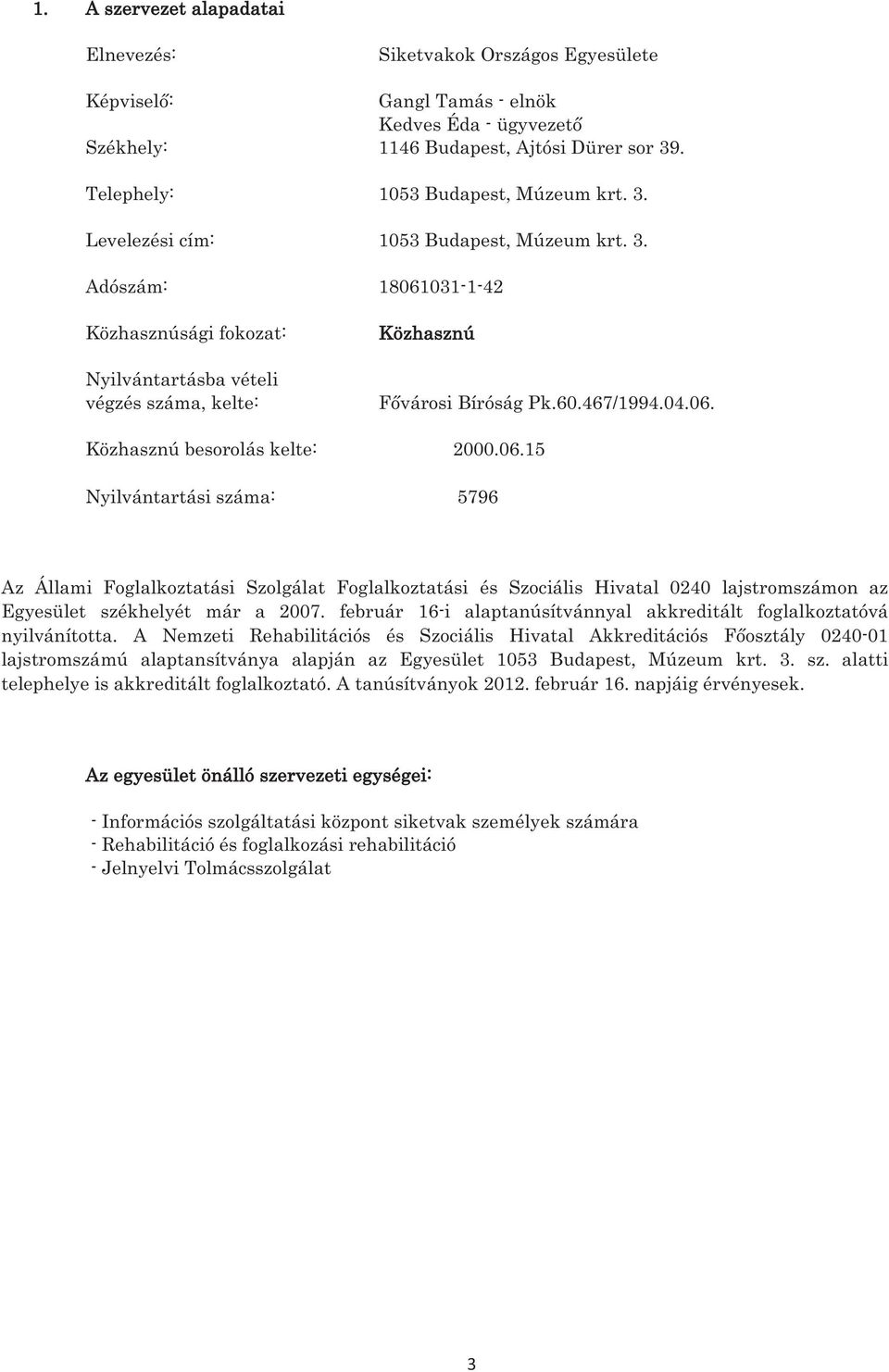 60.467/1994.04.06. 2000.06.15 Nyilvántartási száma: 5796 Az Állami Foglalkoztatási Szolgálat Foglalkoztatási és Szociális Hivatal 0240 lajstromszámon az Egyesület székhelyét már a 2007.