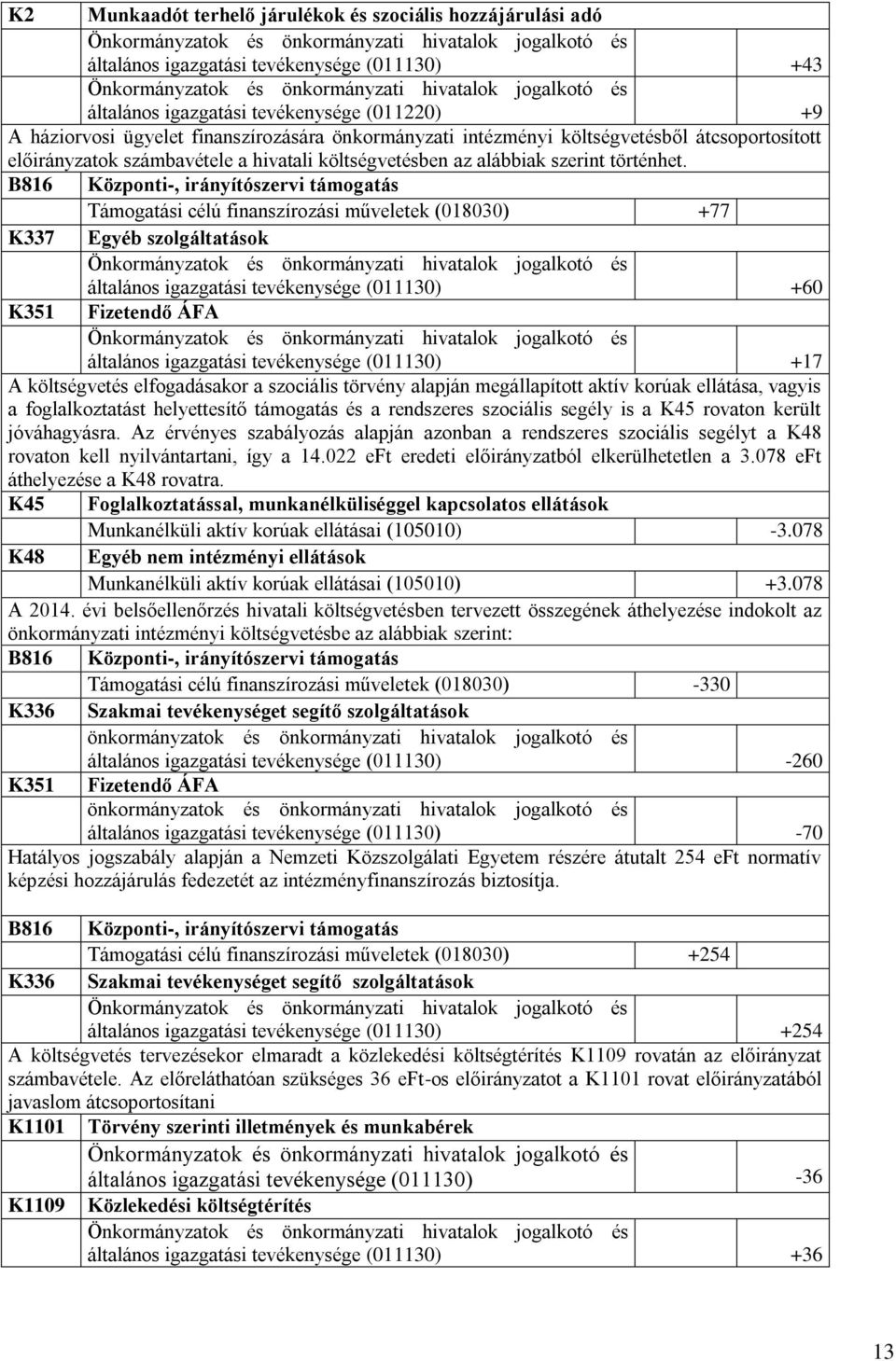 B816 Központi-, irányítószervi támogatás Támogatási célú finanszírozási műveletek (018030) +77 K337 Egyéb szolgáltatások általános igazgatási tevékenysége (011130) +60 Fizetendő ÁFA általános