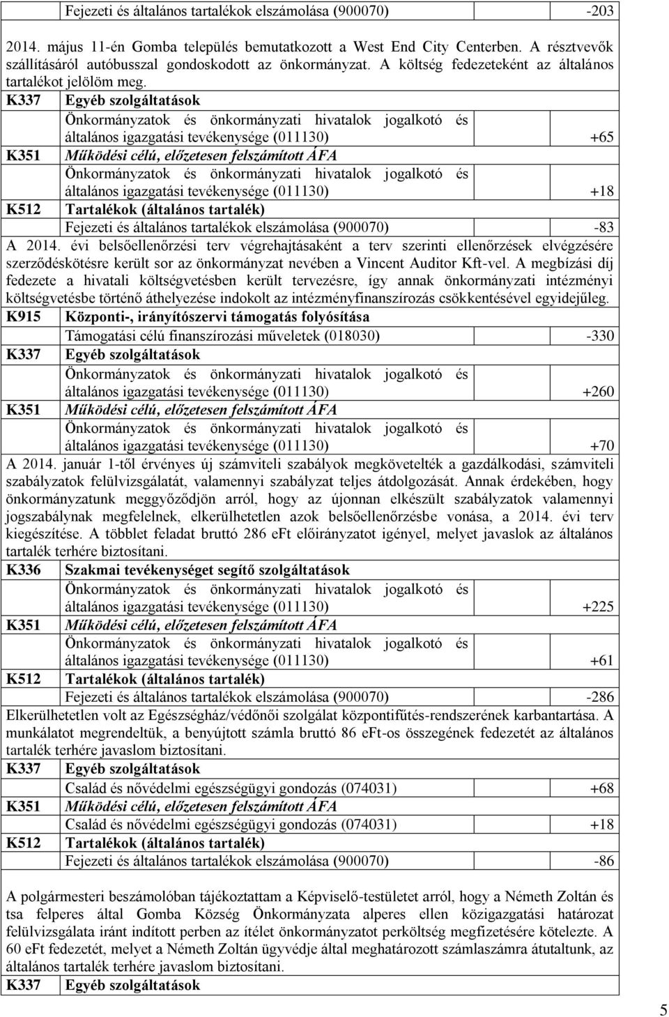 K337 Egyéb szolgáltatások általános igazgatási tevékenysége (011130) +65 Működési célú, előzetesen felszámított ÁFA általános igazgatási tevékenysége (011130) +18 Fejezeti és általános tartalékok