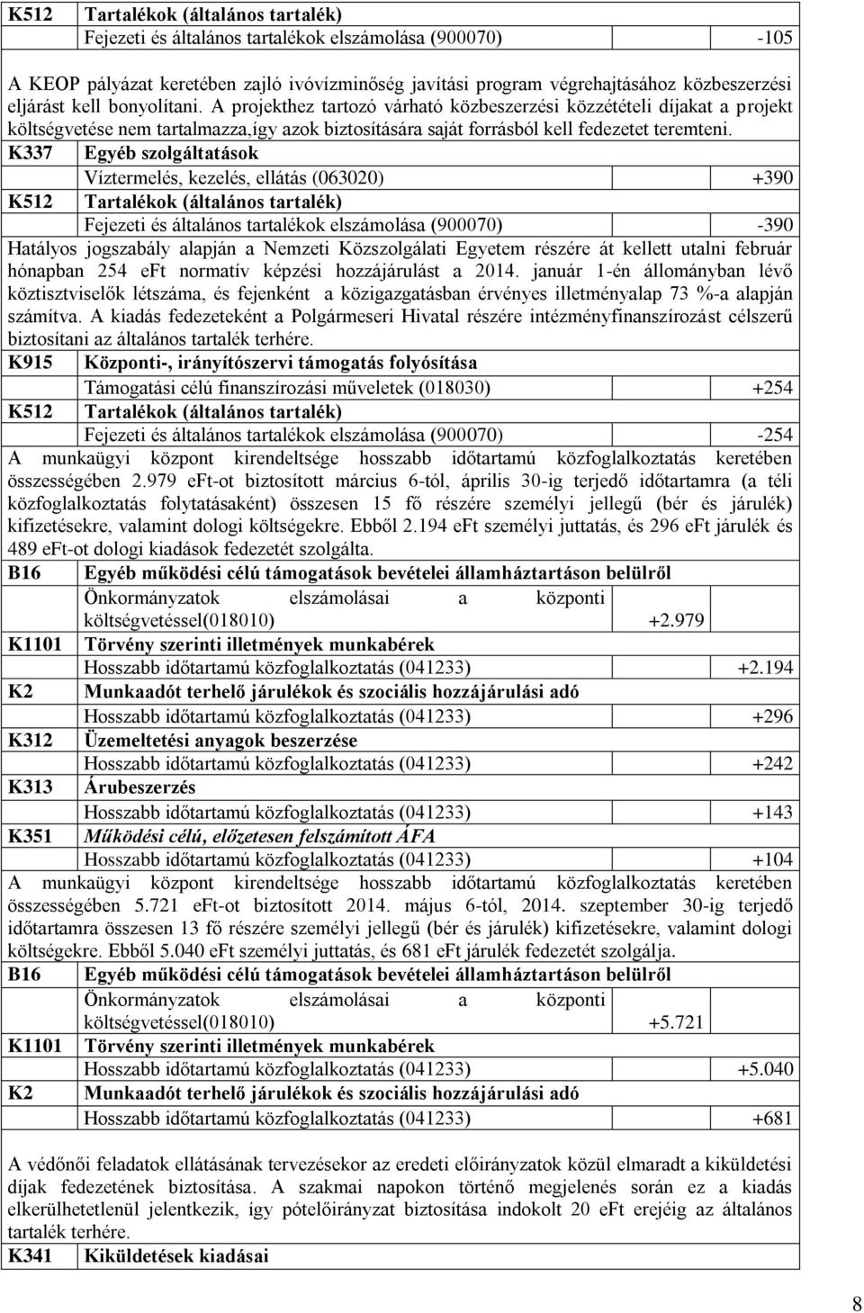 K337 Egyéb szolgáltatások Víztermelés, kezelés, ellátás (063020) +390 Fejezeti és általános tartalékok elszámolása (900070) -390 Hatályos jogszabály alapján a Nemzeti Közszolgálati Egyetem részére át