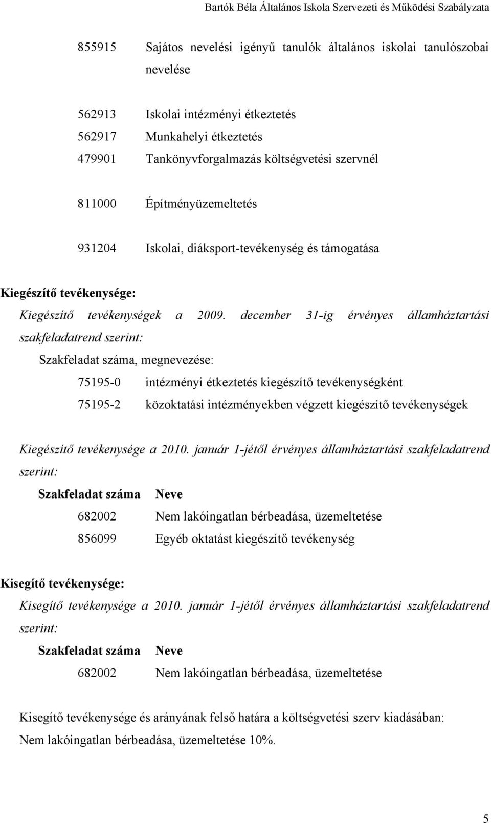 december 31-ig érvényes államháztartási szakfeladatrend szerint: Szakfeladat száma, megnevezése: 75195-0 intézményi étkeztetés kiegészítő tevékenységként 75195-2 közoktatási intézményekben végzett