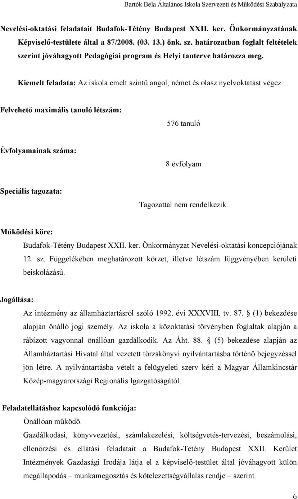 Felvehető maximális tanuló létszám: 576 tanuló Évfolyamainak száma: 8 évfolyam Speciális tagozata: Tagozattal nem rendelkezik. Működési köre: Budafok-Tétény Budapest XXII. ker.