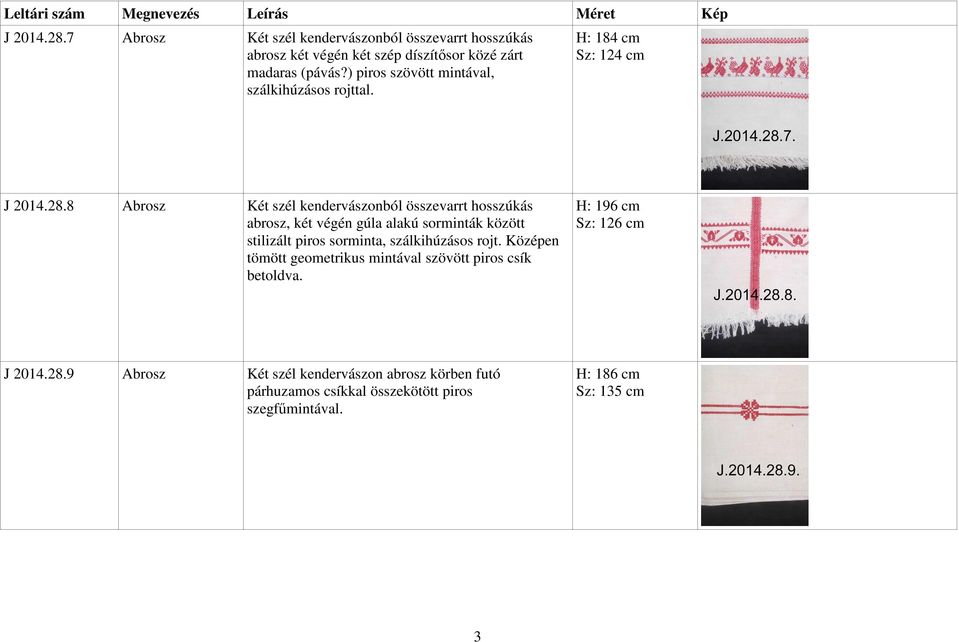 8 Abrosz Két szél kendervászonból összevarrt hosszúkás abrosz, két végén gúla alakú sorminták között stilizált piros sorminta, szálkihúzásos