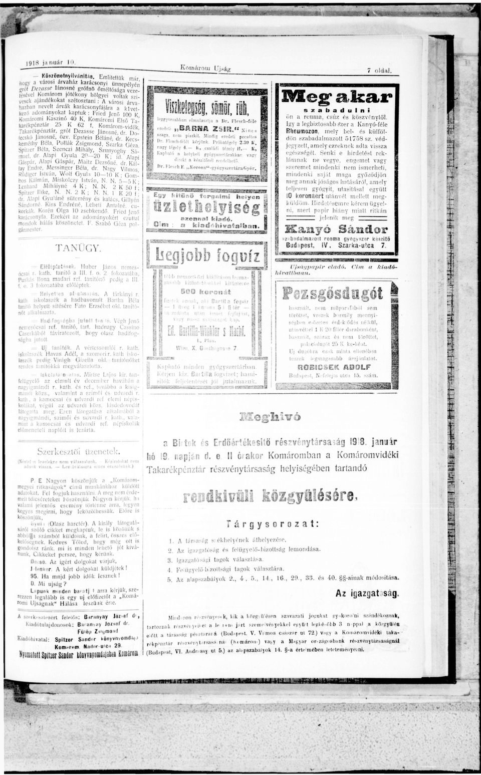 Komáom Ed T kékpézá 25 K 62 f, Komáom-vdék Tkékpézá, gó Dzss áosé,d Uocskó Jáosé, özv. Eps Béáé, d Kcskméhy Bé, Poák Zsgmod. Szk (,<.