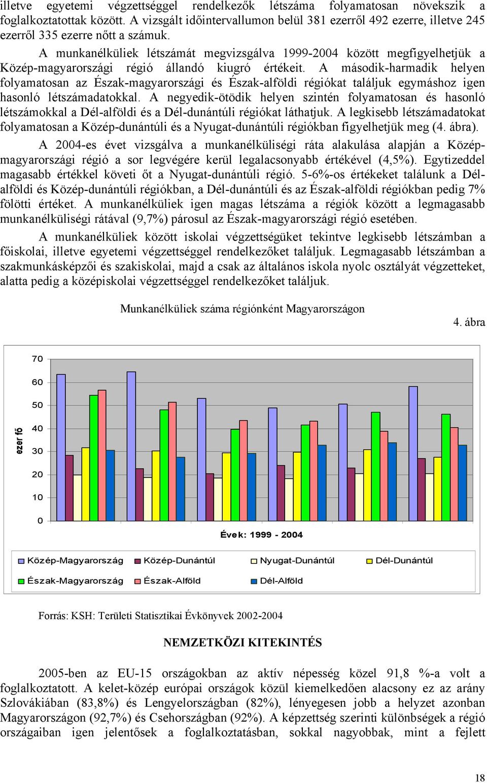 A munkanélküliek létszámát megvizsgálva 1999-2004 között megfigyelhetjük a Közép-magyarországi régió állandó kiugró értékeit.