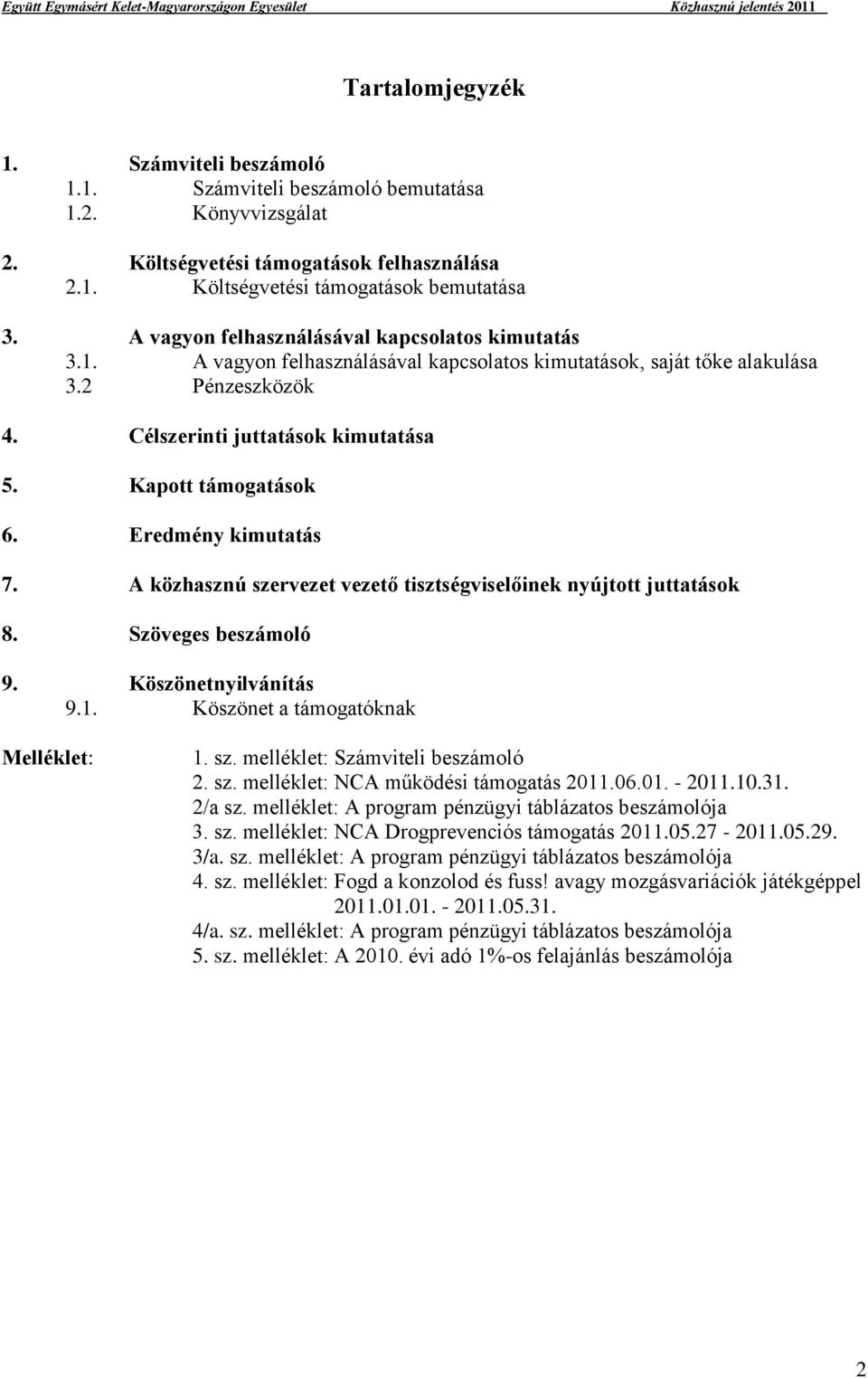 Kapott támogatások 6. Eredmény kimutatás 7. A közhasznú szervezet vezető tisztségviselőinek nyújtott juttatások 8. Szöveges beszámoló 9. Köszönetnyilvánítás 9.1. Köszönet a támogatóknak Melléklet: 1.