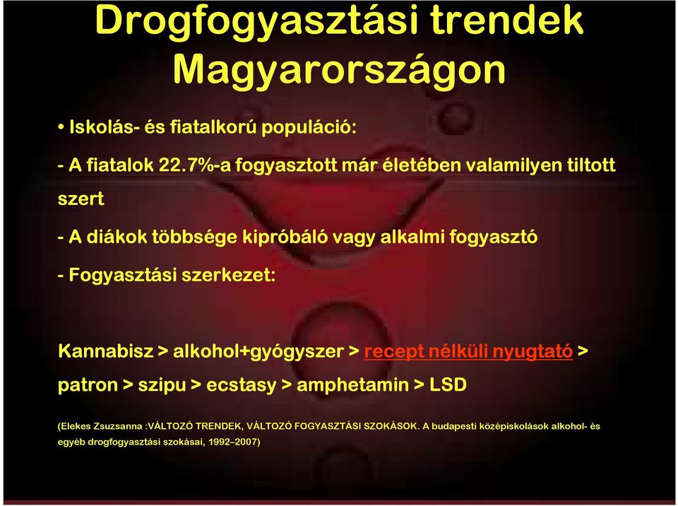 Fogyasztási szerkezet: Kannabisz > alkohol+gyógyszer > recept nélküli nyugtató > patron > szipu > ecstasy >