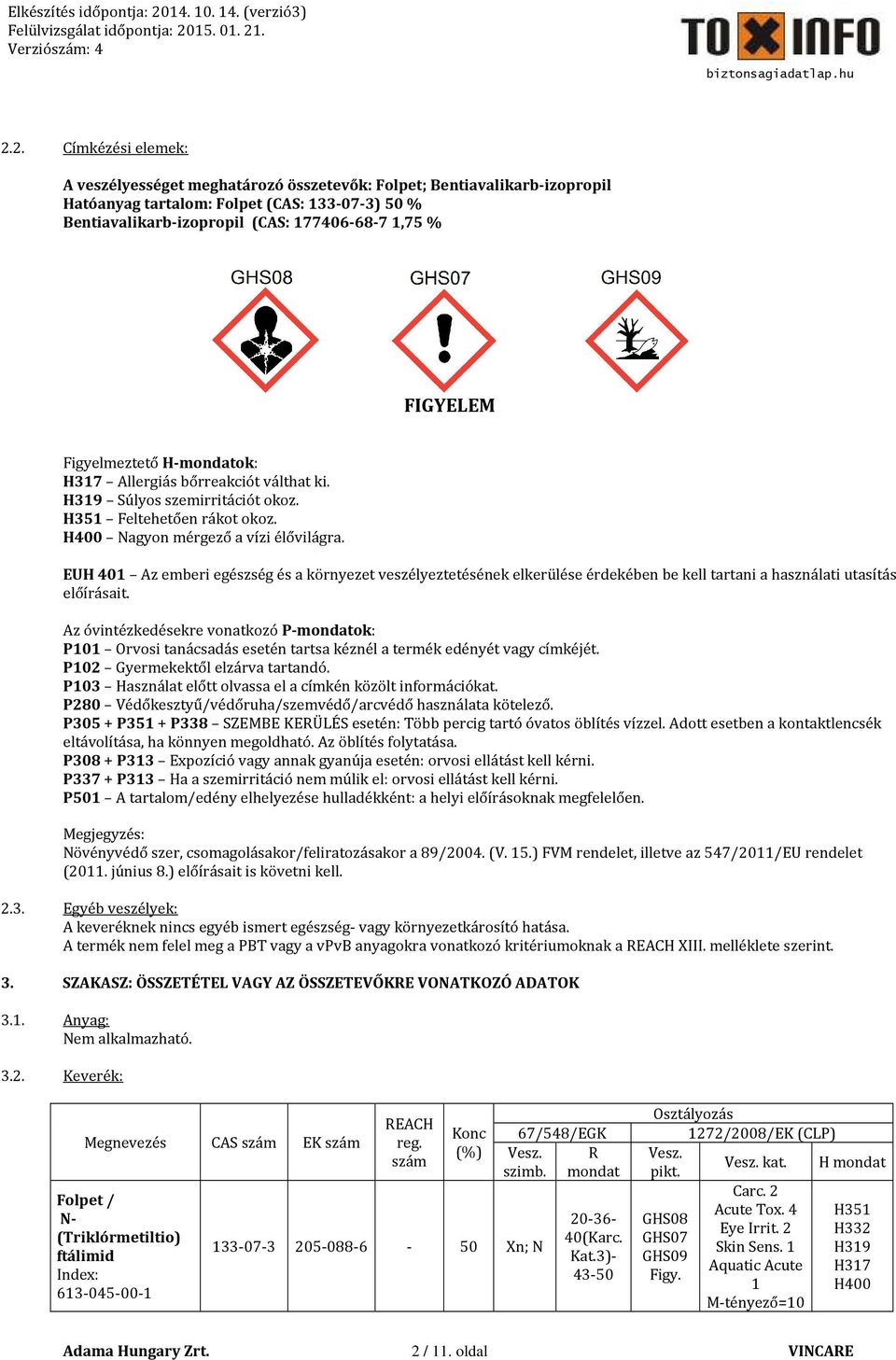 EUH 401 Az emberi egészség és a környezet veszélyeztetésének elkerülése érdekében be kell tartani a használati utasítás előírásait.