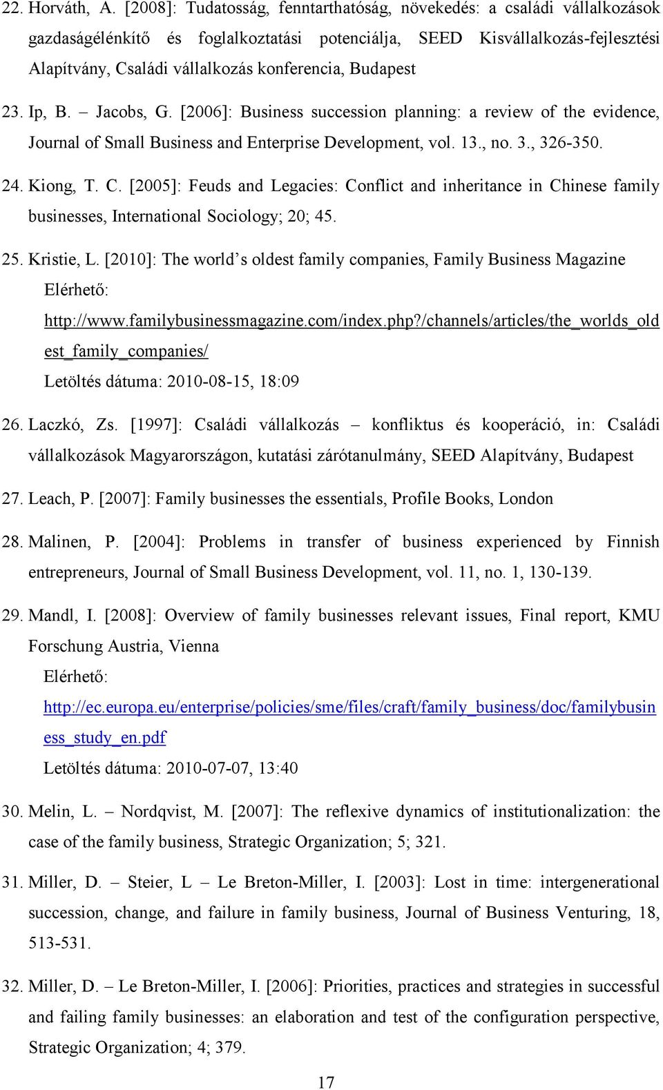 Budapest 23. Ip, B. Jacobs, G. [2006]: Business succession planning: a review of the evidence, Journal of Small Business and Enterprise Development, vol. 13., no. 3., 326-350. 24. Kiong, T. C.