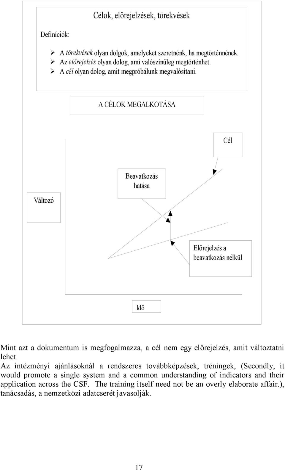 A CÉLOK MEGALKOTÁSA Cél Változó Beavatkozás hatása Előrejelzés a beavatkozás nélkül Idő Mint azt a dokumentum is megfogalmazza, a cél nem egy előrejelzés, amit változtatni