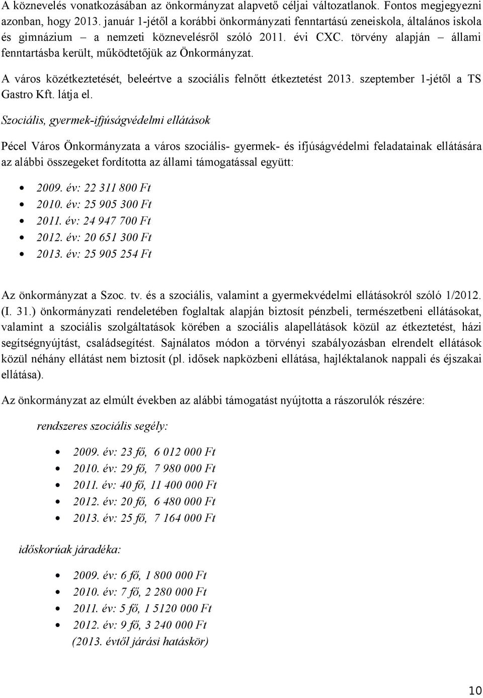 törvény alapján állami fenntartásba került, működtetőjük az Önkormányzat. A város közétkeztetését, beleértve a szociális felnőtt étkeztetést 2013. szeptember 1-jétől a TS Gastro Kft. látja el.