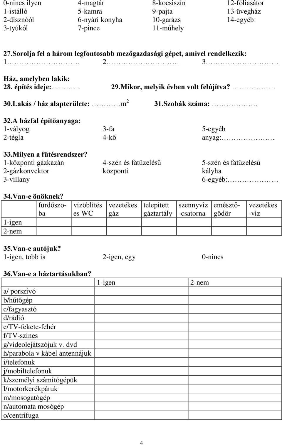 Szobák száma:. 32.A házfal építõanyaga: 1-vályog 2-tégla 33.Milyen a fûtésrendszer? 1-központi gázkazán 2-gázkonvektor 3-villany 3-fa 4-kõ 4-szén és fatüzelésû központi 5-egyéb anyag:.