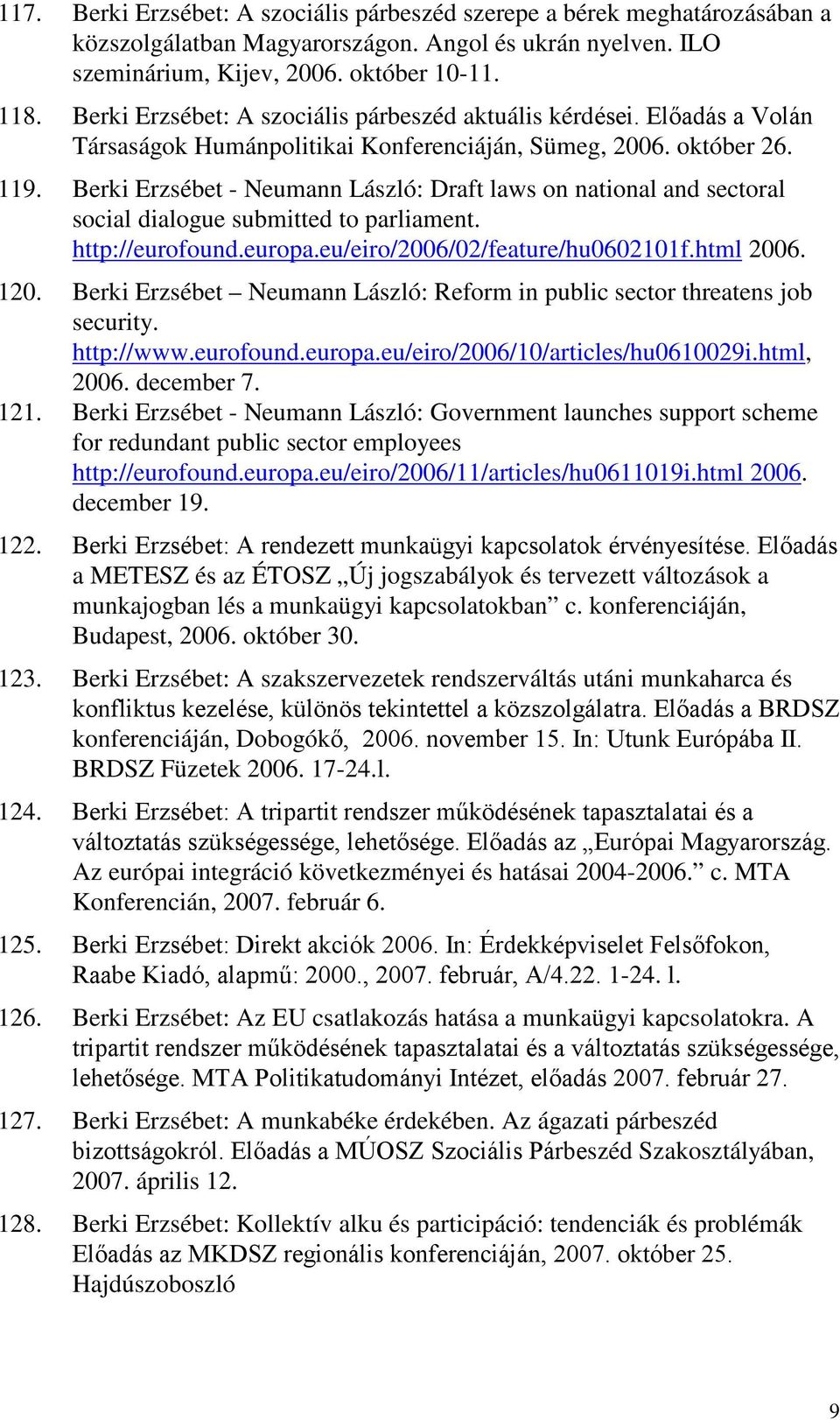 Berki Erzsébet - Neumann László: Draft laws on national and sectoral social dialogue submitted to parliament. http://eurofound.europa.eu/eiro/2006/02/feature/hu0602101f.html 2006. 120.