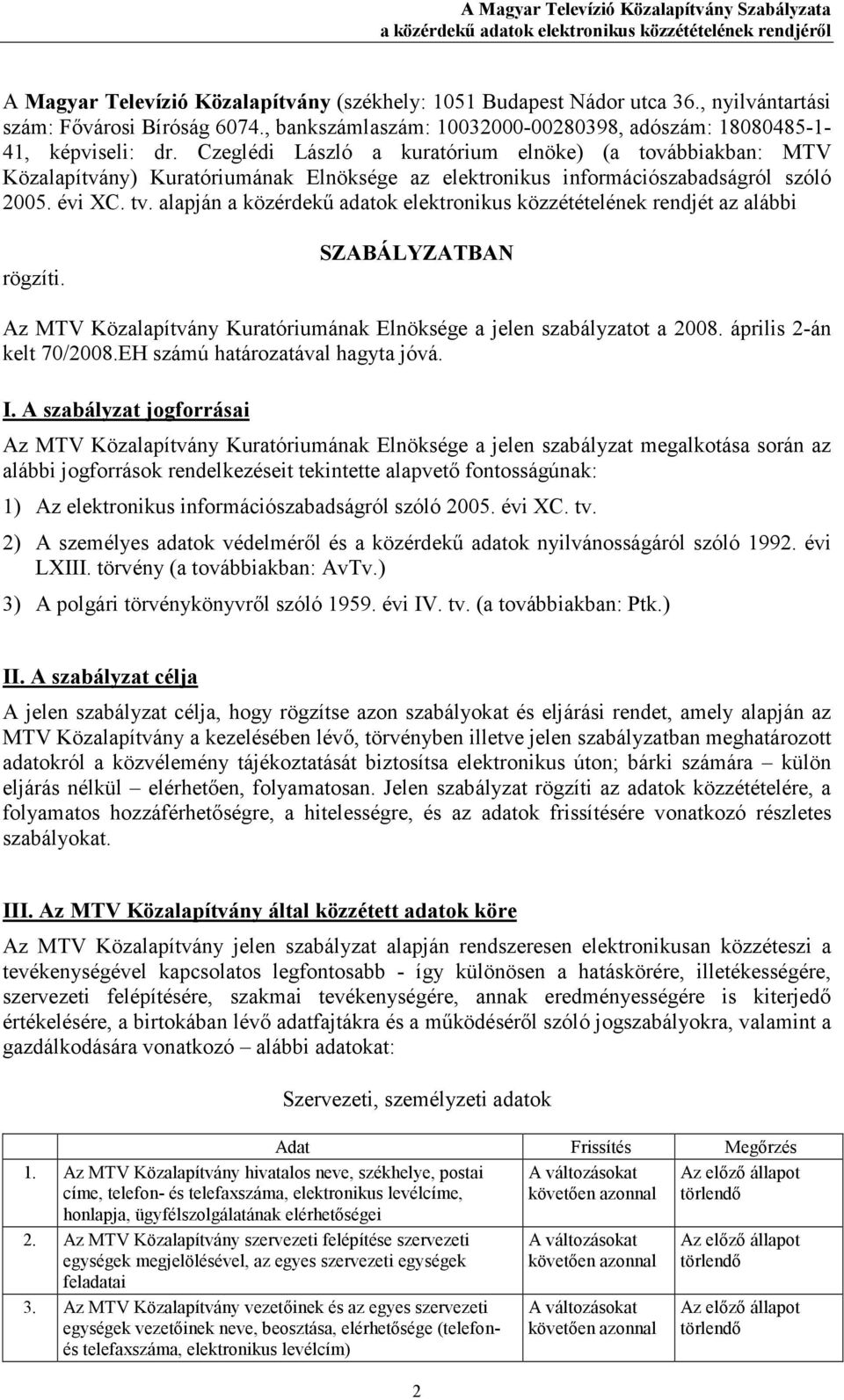 Czeglédi László a kuratórium elnöke) (a továbbiakban: MTV Közalapítvány) Kuratóriumának Elnöksége az elektronikus információszabadságról szóló 2005. évi XC. tv.