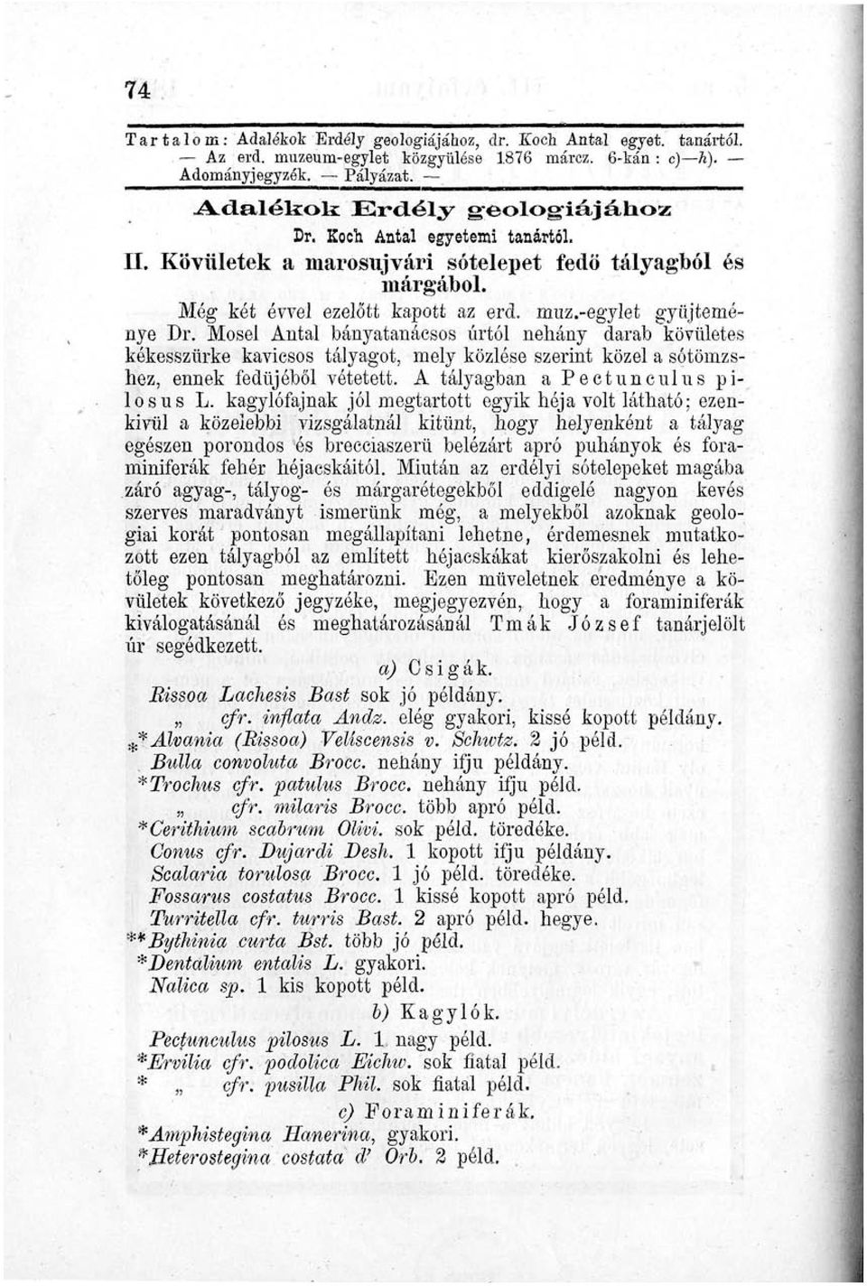 Mosel Antal bányatanácsos úrtól néhány darab kövületes kékesszürke kavicsos tályagot, mely közlése szerint közel a sótömzshez, ennek fedüjóből vétetett. A tályagban a Pectunculus pilosus L.