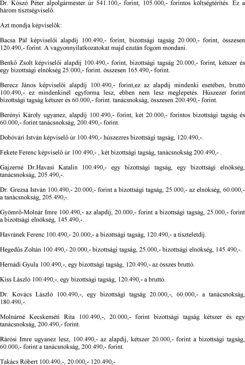 000,- forint. összesen 165.490,- forint. Berecz János képviselői alapdíj 100.490,- forint,ez az alapdíj mindenki esetében, bruttó 100.490,- ez mindenkinél egyforma lesz, ebben nem lesz meglepetés.