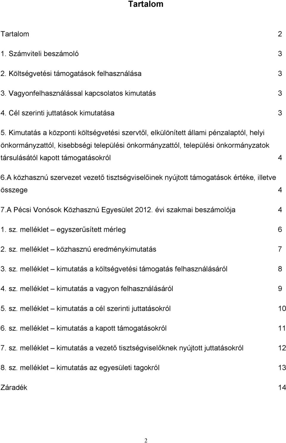 támogatásokról 4 6.A közhasznú szervezet vezető tisztségviselőinek nyújtott támogatások értéke, illetve összege 4 7.A Pécsi Vonósok Közhasznú Egyesület 2012. évi szakmai beszámolója 4 1. sz. melléklet egyszerűsített mérleg 6 2.