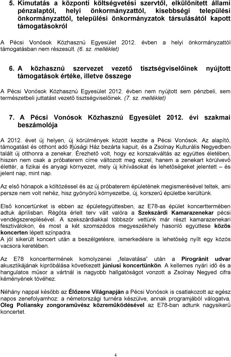 A közhasznú szervezet vezető tisztségviselőinek nyújtott támogatások értéke, illetve összege A Pécsi Vonósok Közhasznú Egyesület 2012.