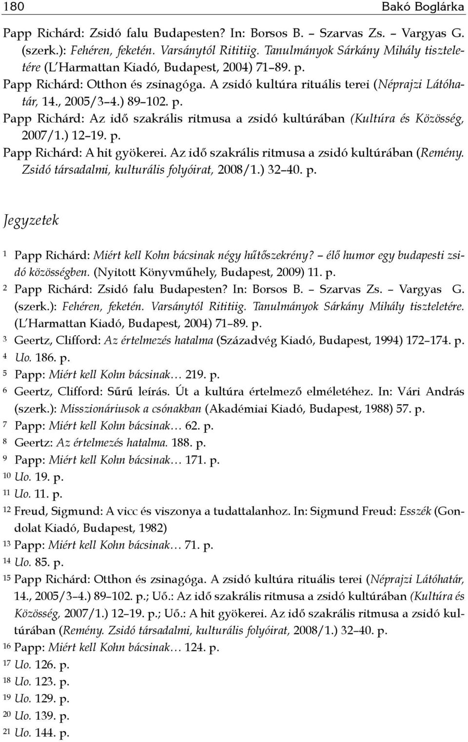 ) 12 19. p. Papp Richárd: A hit gyökerei. Az idő szakrális ritmusa a zsidó kultúrában (Remény. Zsidó társadalmi, kulturális folyóirat, 2008/1.) 32 40. p. Jegyzetek 1 Papp Richárd: Miért kell Kohn bácsinak négy hűtőszekrény?