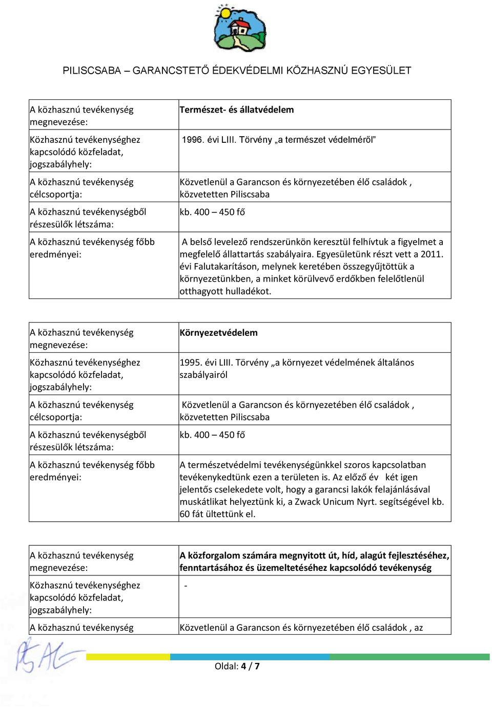 400 450 fő A belső levelező rendszerünkön keresztül felhívtuk a figyelmet a megfelelő állattartás szabályaira. Egyesületünk részt vett a 2011.