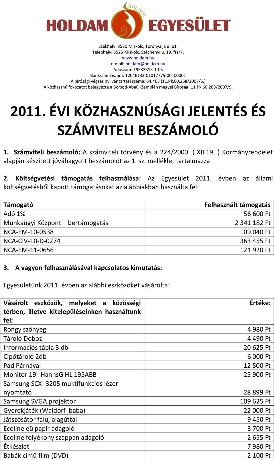 évben az állami költségvetésből kapott támogatásokat az alábbiakban használta fel: Támogató Adó 1% Munkaügyi Központ bértámogatás NCA-EM-10-0538 NCA-CIV-10-D-0274 NCA-EM-11-0656 Felhasznált támogatás